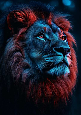 Lion Portrait with Red and Blue Lighting