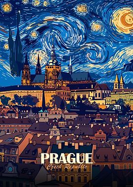 Prague Czech Republic Starry Night Art