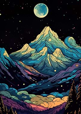 Colorful Mountain Landscape Moon