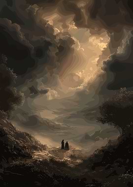 Two figures in a dramatic landscape