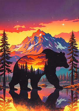 Bear Silhouette Landscape Sunset
