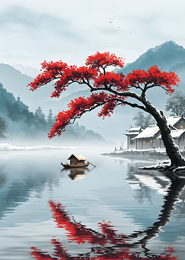 Japanese Lakeside Red Tree