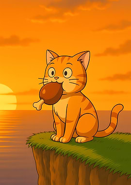 Cartoon Cat with Chicken Leg at Sunset