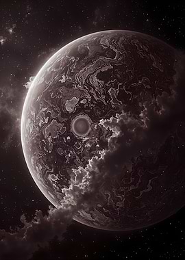 Monochrome Planet with Clouds and Crater