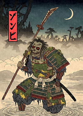 Zombie Samurai Ukiyo-e Style Illustration