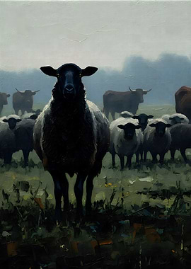Black Sheep in a Field Painting