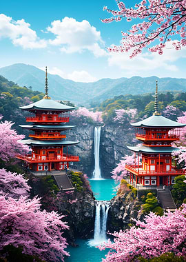 Japanese Pagodas with Cherry Blossoms and Waterfall