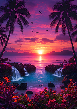 Tropical Sunset with Waterfalls and Palm Trees