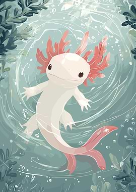 Cute Axolotl in Water Illustration