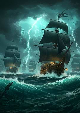 Pirate Ships in Stormy Seas