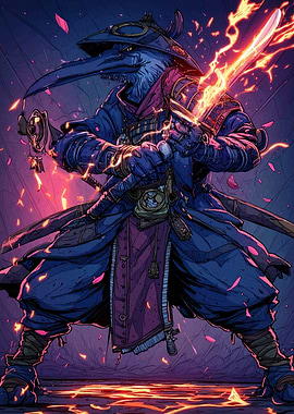 Bird Samurai with Flaming Sword