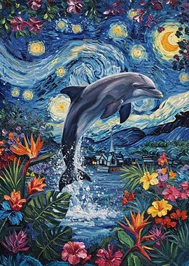 Dolphin in Starry Night Floral Scene