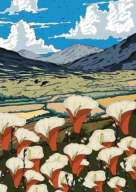 Floral Landscape with Mountains and Sky