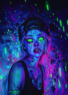 Neon Girl with Tattoos and Cap