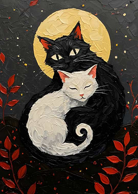 Black and White Cats Under Moon Painting