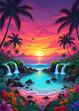 Tropical Beach Sunset with Waterfalls