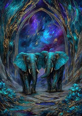 Teal Elephants Under Cosmic Archway