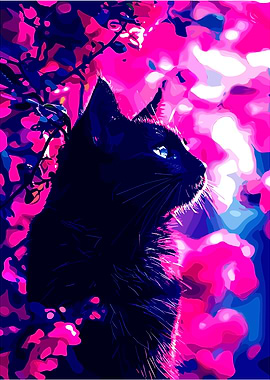 Black Cat in Pink Floral Setting