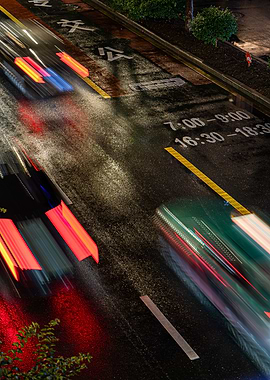 Chinese Night Street with Motion Blurred Traffic
