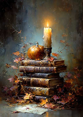 Autumn Still Life with Books and Candle