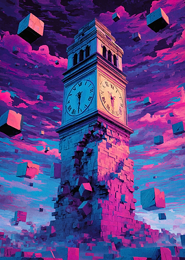 Surreal Clock Tower with Floating Cubes