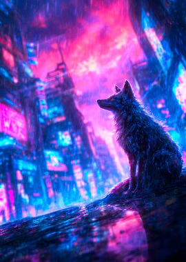 Wolf in Cyberpunk Neon Cityscape