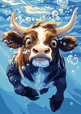 Cartoon Cow Swimming Underwater with Bubbles