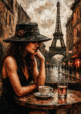 Parisian Cafe Scene with Eiffel Tower