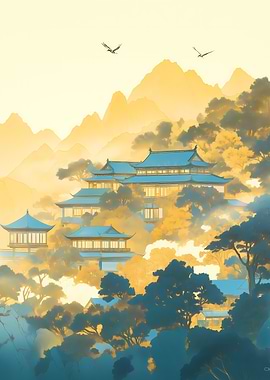 Asian Landscape with Pagodas and Mountains