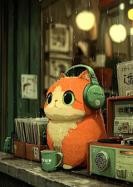 Cat with Headphones in Rainy Setting