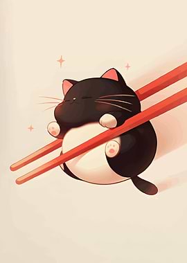 Cute Cat with Chopsticks Illustration