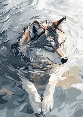 Wolf Portrait in Abstract Water