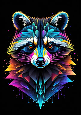 Geometric Raccoon Portrait on Black Background
