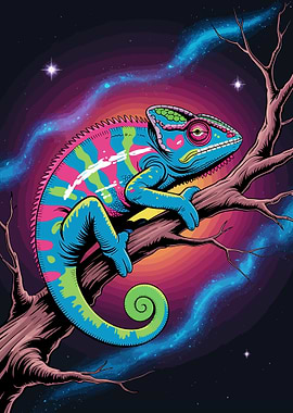 Colorful Chameleon on Branch in Space