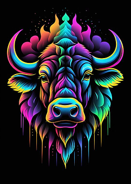 Colorful Buffalo Head on Black Background