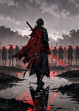 Samurai Warrior with Red Cape and Sword