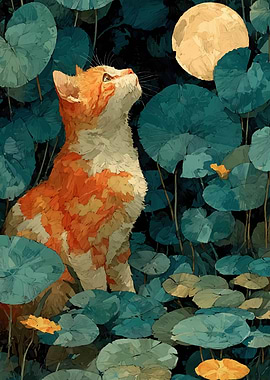 Cat Gazing at Moon Among Lilypads