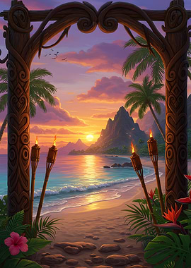 Tropical Beach Sunset with Tiki Torches
