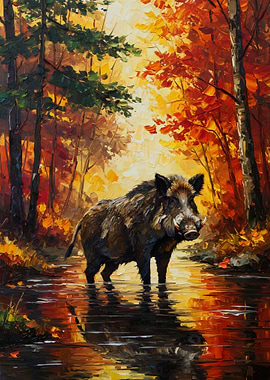 Wild Boar in Autumn Forest Painting