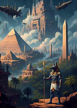 Futuristic Egyptian Cityscape with Anubis