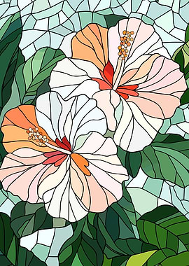 Hibiscus Flowers Stained Glass Style Illustration