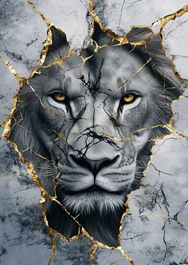 Lion Portrait with Golden Cracks