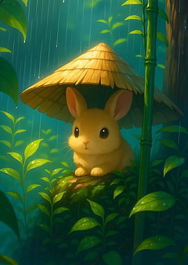 Cute Bunny Under Straw Hat in Rain