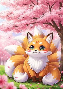 Kitsune Fox under Sakura Tree