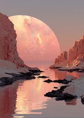 Pink Moon Over Rocky Coastline