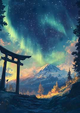 Mount Fuji with Torii Gate Aurora Landscape