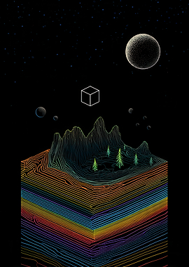Abstract Landscape with Planets and Cube