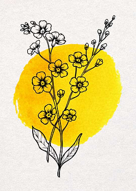 Floral Sketch with Yellow Watercolor Background
