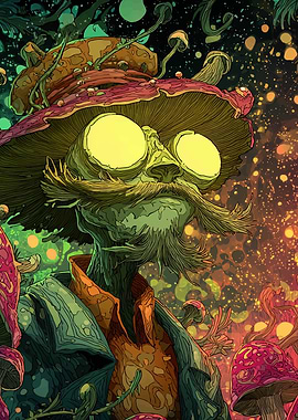 Mushroom Man Portrait with Psychedelic Background
