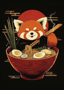 Red Panda Enjoying Ramen Bowl